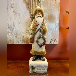 Vintage Old World Santa Rustic Santa Fur Trimmed Coat And Hat Holding Wr…